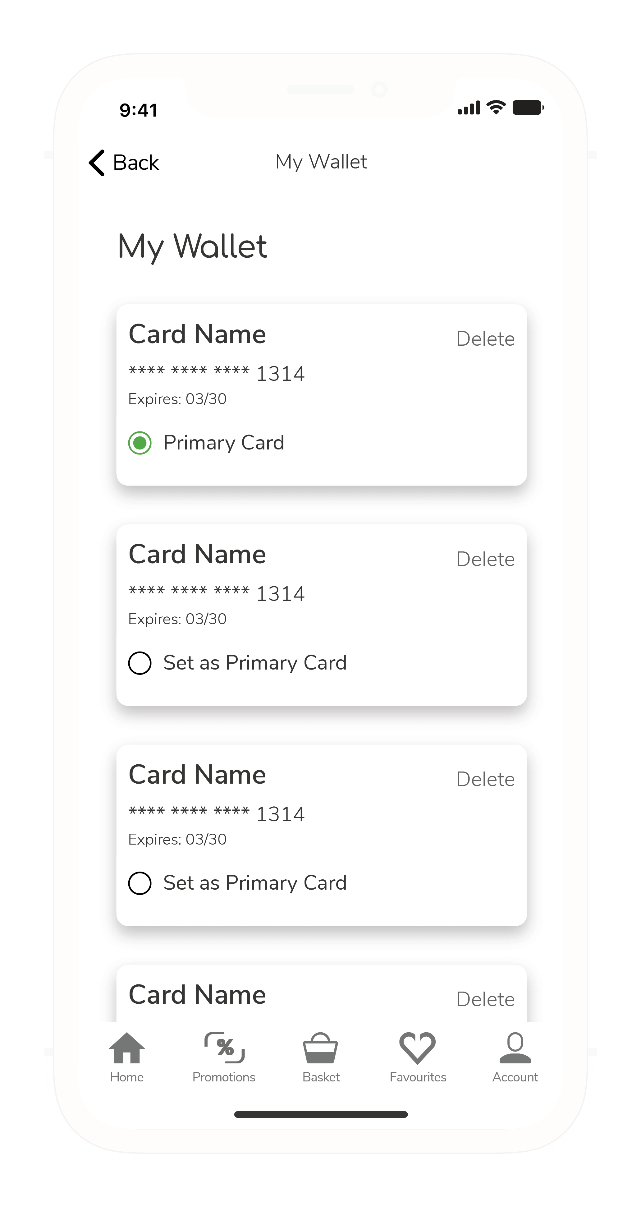 Screenshot of the My Wallet page prototype showcasing how a user can pick between various saved cards to use as a primary payment method